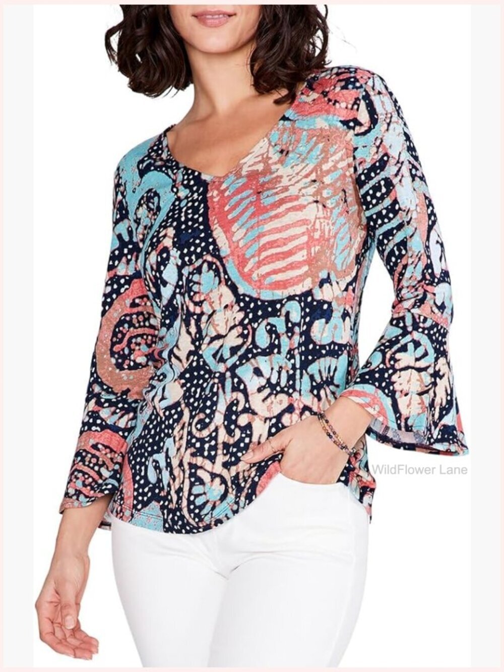 Lightweight Linen Peasant Top with Bell Sleeves